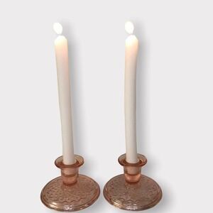 𝅺VINTAGE Pink Depression Glass Candlestick Holders Set of 2